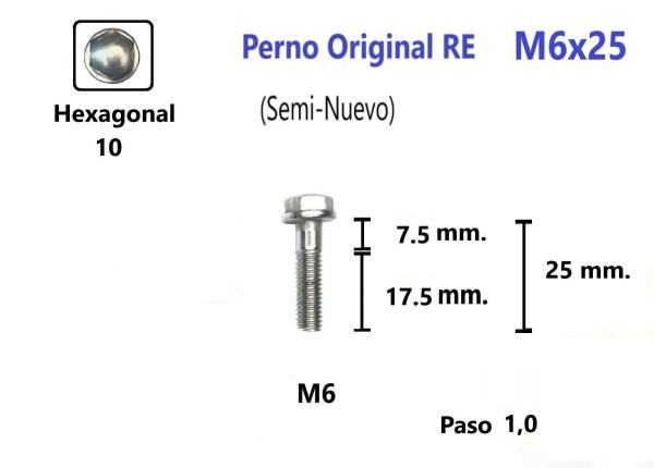 Perno Hexagonal Cabeza Cromada M6 x 25 #1 Unidad (Semi-Nuevo) Royal Enfield Pernos y Chavetas