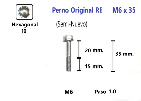 Perno Hexagonal Cabeza Cromada M6 x 35 #1 Unidad (Semi-Nuevo) Royal Enfield Pernos y Chavetas